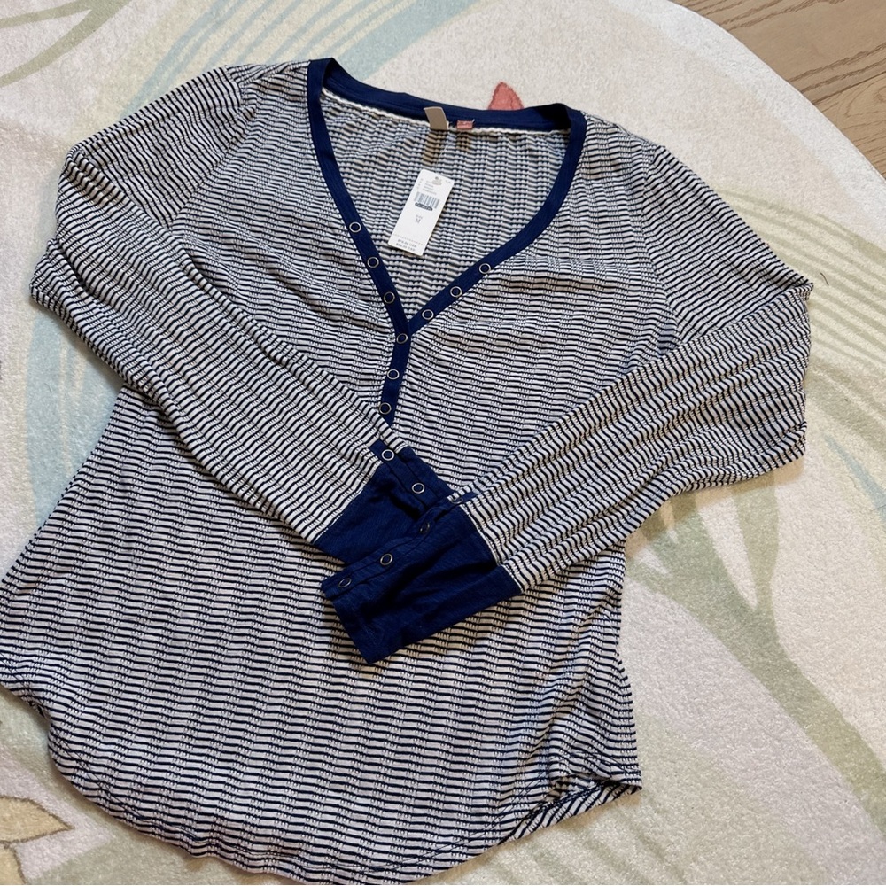 Pilcro Navy and White Striped Long Sleeve Henley Top